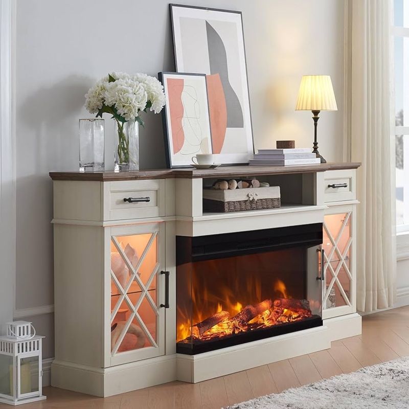 Amazon.com: OKD Farmhouse TV Stand with Fireplace, 70'' Entertainment  Center Stand with 36" 3-Sided Glass Electric Fireplace for TVs Up to 80 in,  with 2 Drawers & 2 Storage Cabinet for Living