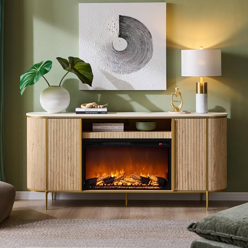 Amazon.com: OKD Luxury 70" Fluted Fireplace TV Stand, Modern Chic Entertainment  Center for TVs Up to 80 inches, TV Console with Faux Marble Top, Curved  Profile Design, Media Console for Living Room,