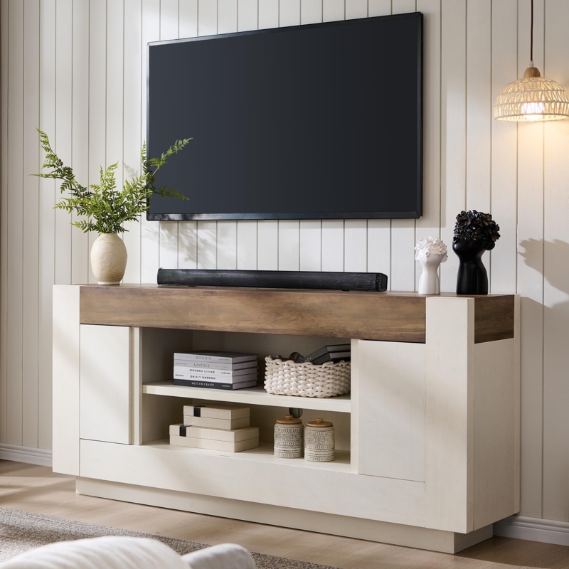 Amazon.com: OKD Modern 70" TV Stand, Entertainment Center for TVs Up to 80",  Media Console with Large Open Storage & Side Cabinets, Thick Wood Design  for Living Room, Antique White : Home