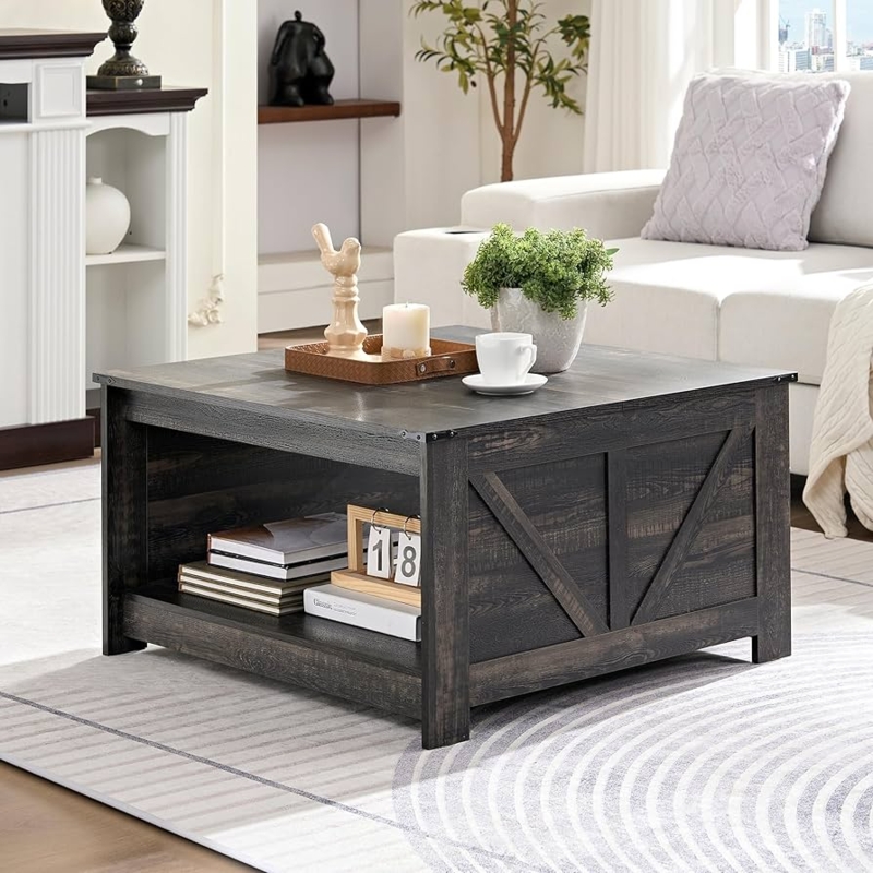 Amazon.com: OKYCI Farmhouse Coffee Table for Living Room, Wood Square  Coffee Tables, 31.5" D x 31.5" W, Dark Rustic Oak : Home & Kitchen