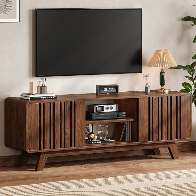 Amazon.com: ONBRILL 63-Inch TV Stand for TVs up to 75 Inch, Mid-Century  Modern Television Stand with Power Outlet, Entertainment Center with  Sliding Grille Door Cabinets and Open Shelves for Living Room, Walnut :