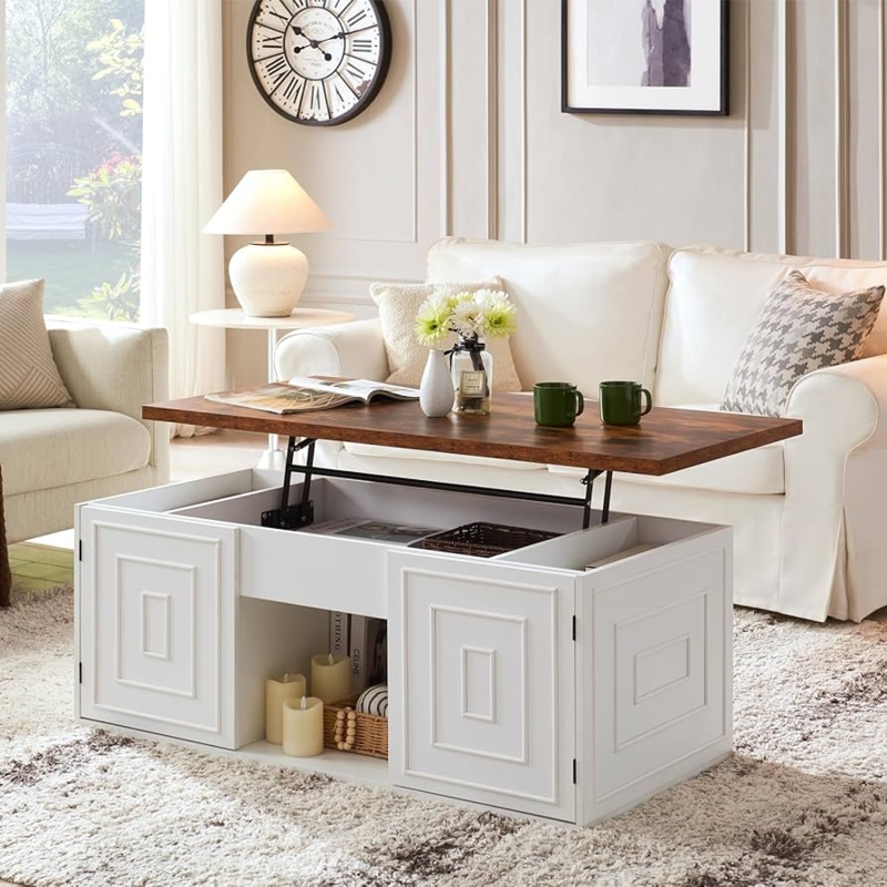 Amazon.com: ONBRILL Lift Top Coffee Table with Storage, 48" Rustic Center  Table with Hidden Storage Compartment and 2 Cabinet, White Coffee Table  Converts to Dining Table for Living Room, Office : Home