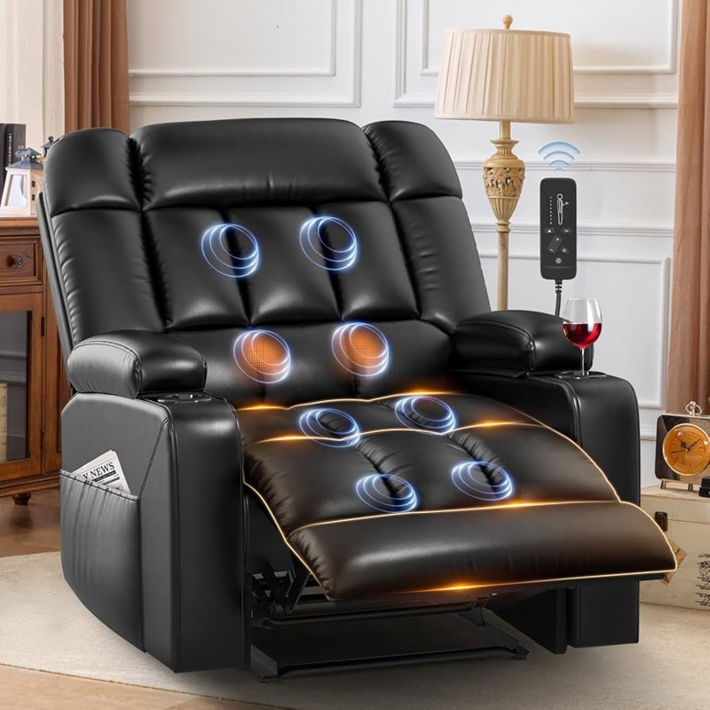 Amazon.com: Oversized Recliner Chair with Massage & Heat, Extra Wide Seat  Reclining Chair with Storage Side Pockets & Cup Holders, Clearance Big Man  Recliners, Comfortable Manual Faux Leather King Chairs : Home