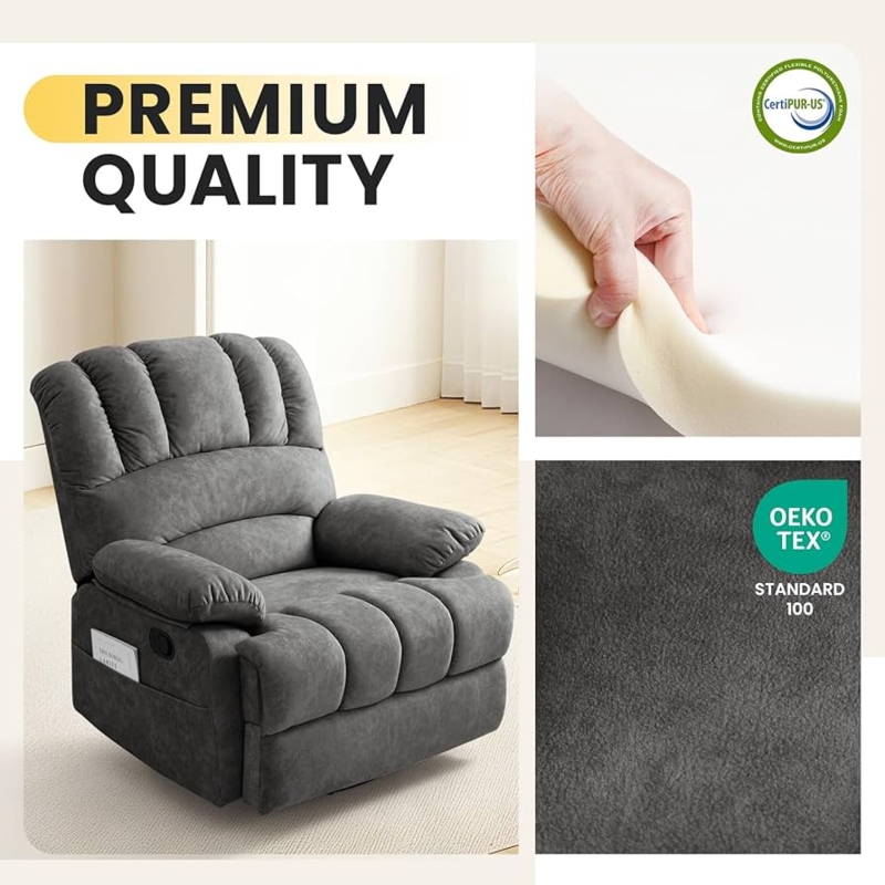 Amazon.com: Oversized Swivel Rocker Recliner Chair with Large Footrest &  High Back- 360 Rotation & Gentle Rocking for Living Room, Nursery,350lbs  Capacity,Tool-Free Assembly(Gray) : Home & Kitchen