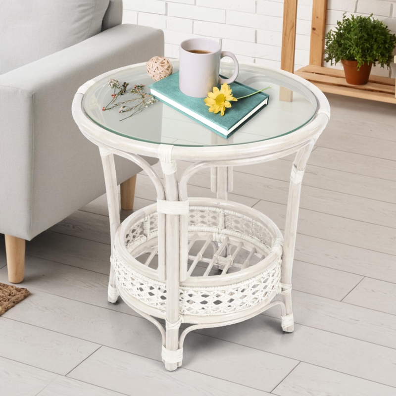 Amazon.com: Pelangi Coffee Round Table White Color Handmade ECO Natural Rattan  Wicker with Glass Top : Home & Kitchen