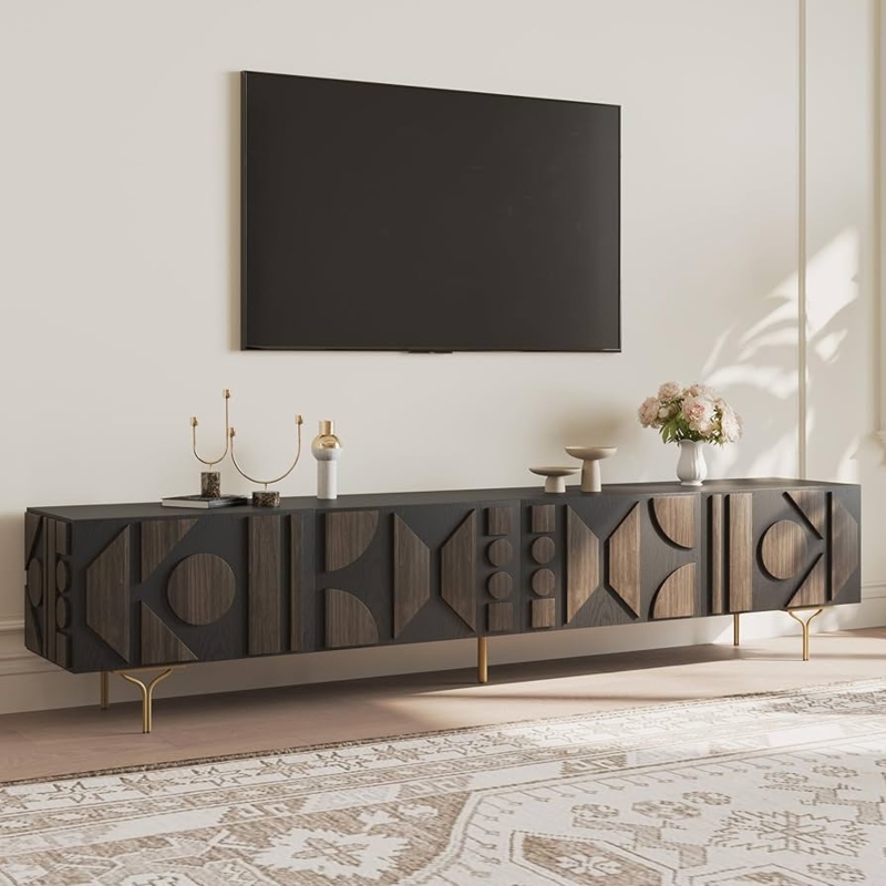 Amazon.com: POVISON 94'' Smoky Black Fully Assembled TV Stand with Storage, Mid  Century Modern TV Stand, Entertainment Center for Living Room, Wood Media  Console TV Cabinet for 85 Inch TV, Metal Legs :