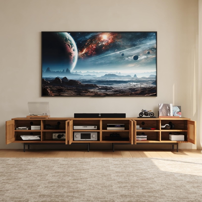 Amazon.com: POVISON Fully Assembled Mid-Century Modern TV Stand with  Slatted Doors, 118.11" Wood Media Console, TV Console with Tall-cast Metal  Legs, Entertainment Center with Storage for Living Room : Home & Kitchen