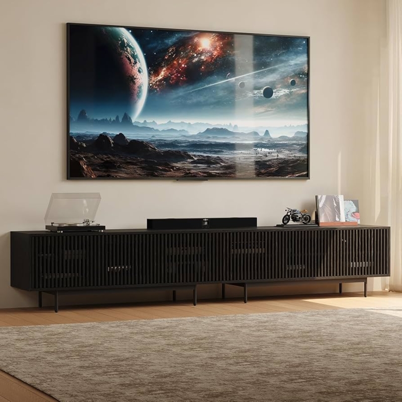 Amazon.com: POVISON Mid-Century Modern TV Stand with Slatted Doors, Fully  Assembled 118.11" Wood Media Console, TV Console with Tall-cast Metal Legs, Entertainment  Center with Storage for Living Room : Home & Kitchen