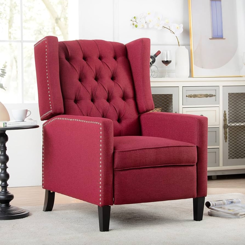 Amazon.com: Pushback Recliner Chair,Comfy Wingback Recliner Sofa Chair with  Adjustable Backrest,Tufted Fabric Accent Armchair with Vintage Rivets Trim  for Living Room Office Home Theater (Wine Red-New) : Home & Kitchen