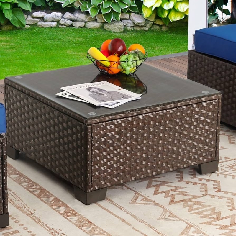 Amazon.com: Rattaner Patio Furniture Wicker Coffee Table Outdoor Garden  Square Side Table with Tempered Glass Top Brown : Patio, Lawn & Garden