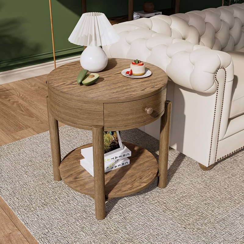Amazon.com: Round Side Table with Drawer and Shelf, Elegant Multifunctional  Beside Table, Wood End Table with Modern Design, American Style Furniture  for Living Room, Study Room YCJZT777LT : Home & Kitchen