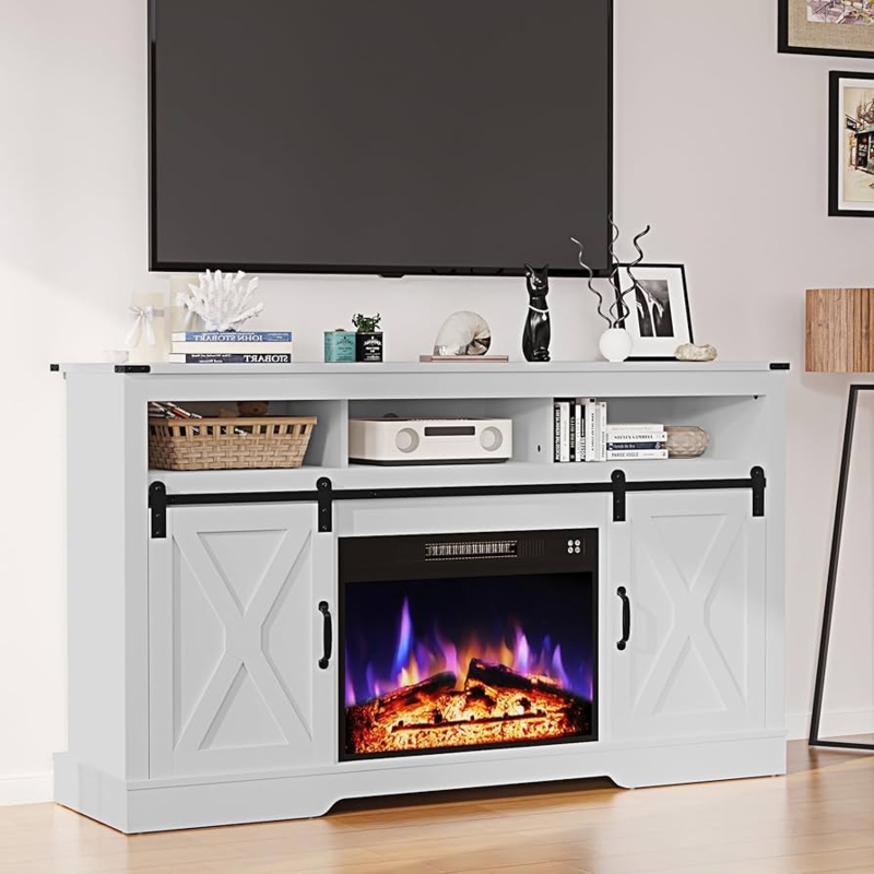 Amazon.com: RoyalCraft Farmhouse Fireplace TV Stand, Entertainment Center  for 65+ Inch TV with 23" Electric Fireplace, Modern Rustic TV Console with  Sliding Bar Door for Living Room, White : Home & Kitchen