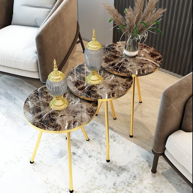 Amazon.com: Set of 3 Nesting END Tables - Round Stacking Coffee Side Tables  for Small Spaces, Nightstand Bedside Table for Living Room, Bedroom, Living  Room, Balcony, NO-TOOLS ASSEMBLY (Brown Marble/Gold) : Home
