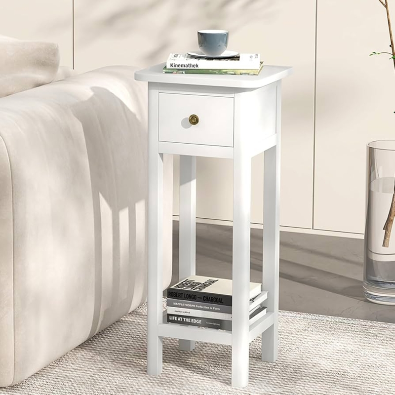 Amazon.com: SILKYDRY Narrow Side Table, Tall Nightstand with Drawer and  Shelf, Small Bedside Tale for Small Space, Living Room End Tables, No  Assembly (1, White) : Home & Kitchen