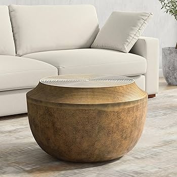 Amazon.com: SIMPLIHOME Timmons Coffee Table - 21 inch Wide Cast Aluminum  Round Living Room Table in Antique Brass, Industrial Center Table for  Compact Spaces with Sculptural Base and Raised Tabletop, Assembled :