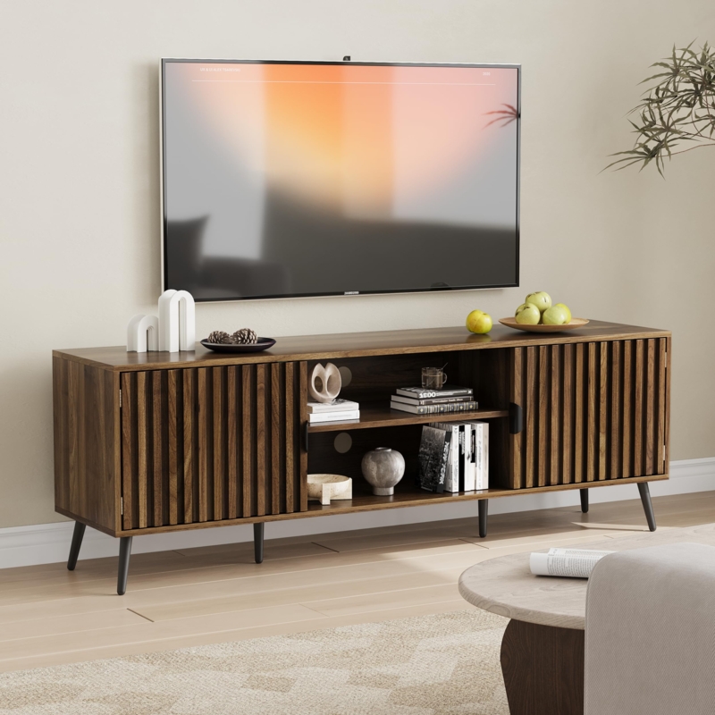Amazon.com: Smart FENDEE 63-Inch TV Stand for TVs up to 70 Inch,  Mid-Century Modern Television Stand, Entertainment Center with Fluted Doors  Cabinets and Open Shelves for Living Room, Walnut : Home &