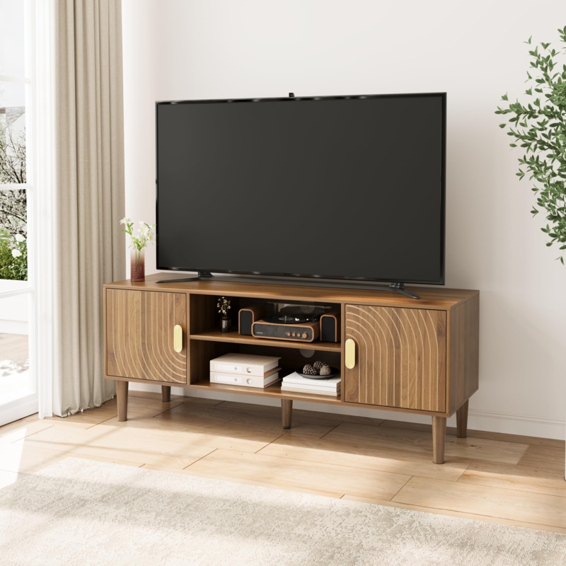 Amazon.com: Smuxee Walnut TV Stand with Line Groove Design, 47.2" Mid  Century Modern TV Media Console for TVs up to 55", TV Cabinet with  Adjustable Shelf & 2 Cabinets for Living Room :