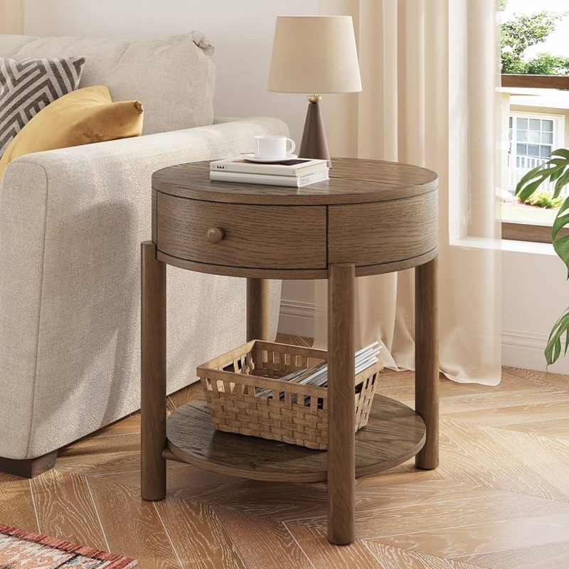 Amazon.com: Solid Wood 2-Tier Round End Table with Drawer, 24" Small Sofa Side  Table with Storage, Oak Wood Farmhouse Nightstand with Shelf, Accent Table  for Living Room Bedroom Office, Brown, 24x24x25.16in :