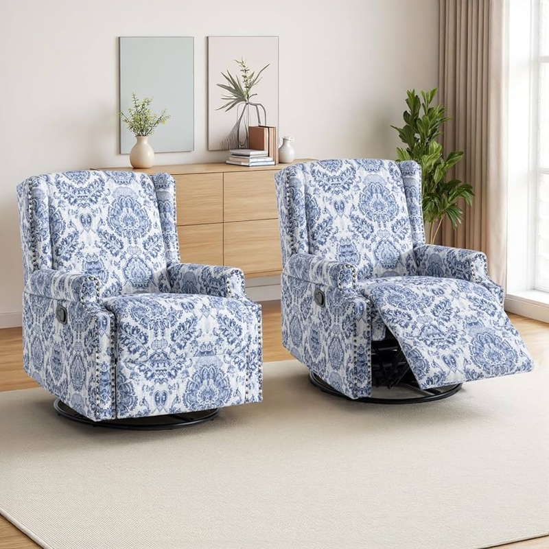 Amazon.com: Swivel Rocker Recliner Chair, Manual Nursery Glider Recliner,  Floral Fabric Wingback Accent Chair with Adjustable Backrest & Footrest for  Small Spaces Living Room Bedroom (Navy Blue, Set of 2) : Home