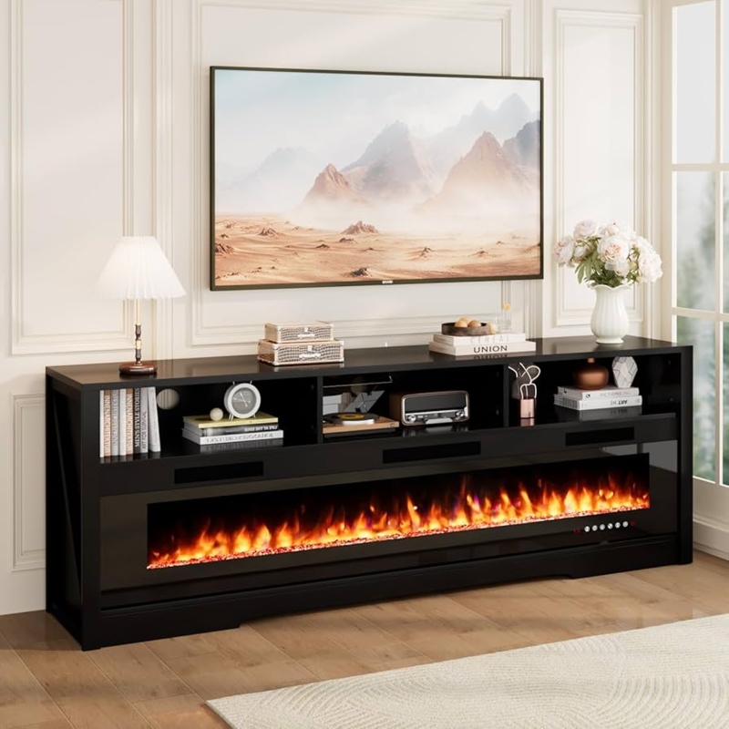 Amazon.com: TAVATA 65" Fireplace TV Stand for Living Room, LED Entertainment  Center for TVs Up to 75", Modern TV Stands with 60" Electric Fireplace,  Open Storage Cabinet, Media TV Console for Bedroom,