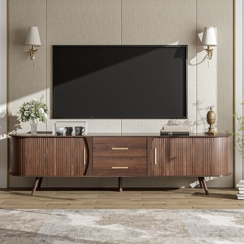 Amazon.com: Virubi Mid Century Modern TV Stand for TVs up to 75, Fluted Entertainment  Center, Media Console with Tambour Sliding Doors and Wood Panel Drawers,  Walnut Finish Media Console for Living Room :