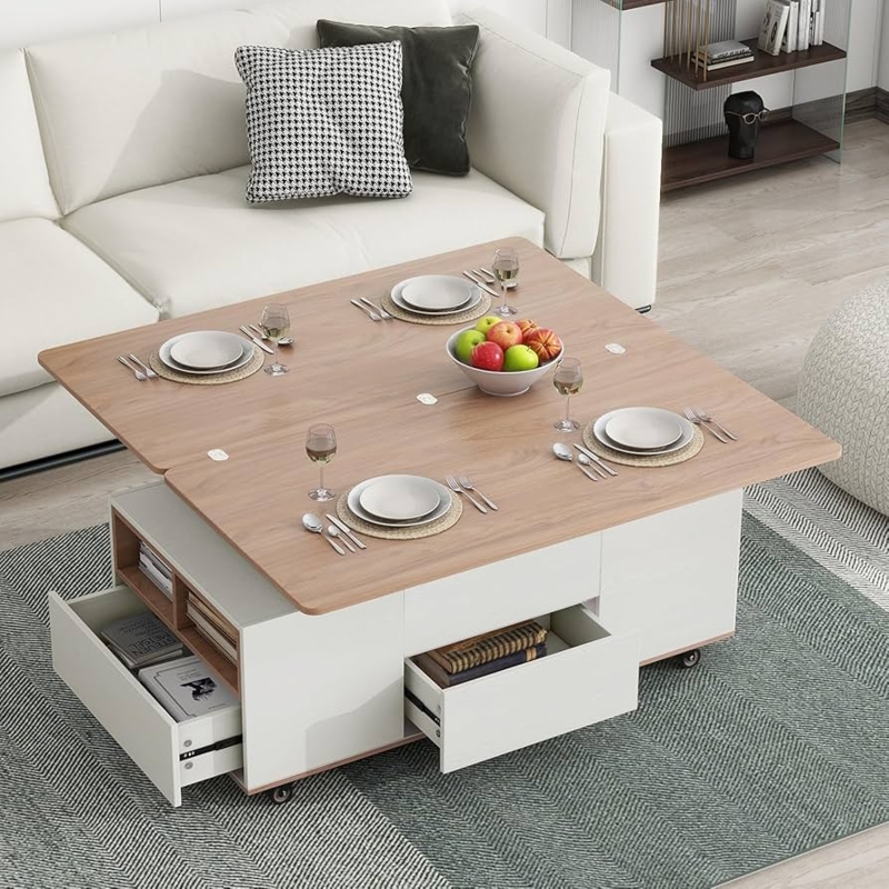 Amazon.com: Walnut & White Lift Top Coffee Table, Modern Multifunctional  Movable Dining Table with Wheels Extendable Center Table with 3 Drawers and  Hidden Compartment, for Living Room Reception Apartment Office : Home