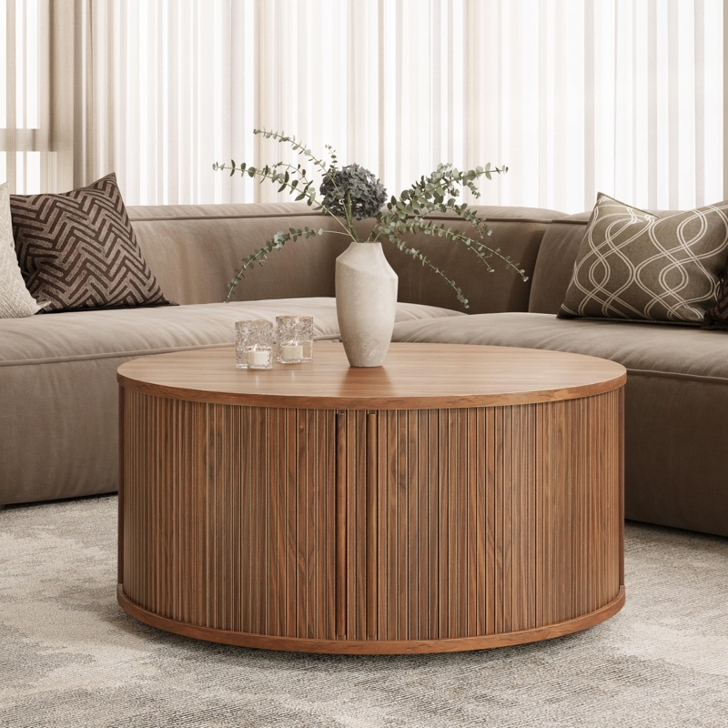 Amazon.com: WERMO 35'' Round Coffee Table with Storage and Shelves - Round  Center Table for Living Room and Office. Wood Mid Century Modern Coffee  Tables for Living Room (Walnut) : Home &