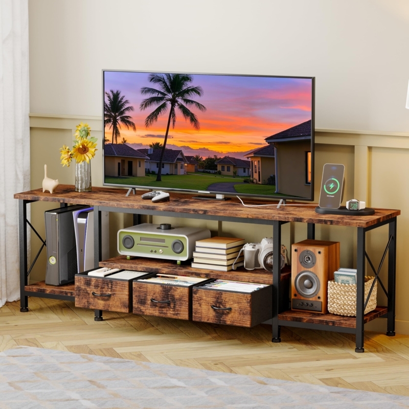 Amazon.com: YGEOMER TV Stand for 75 Inch TV Entertainment Center with Power  Outlets TV Console Table deepen with Fabric Drawers Metal Frame Storage  Shelves and for Living Room, Bedroom 63" Rustic Brown :