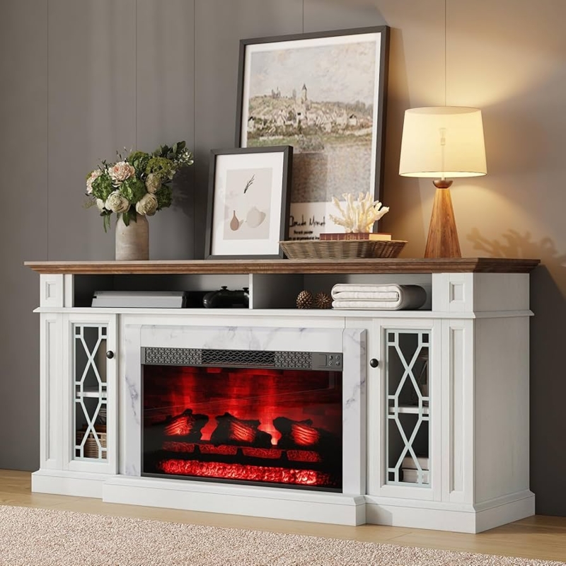 Amazon.com: YUMPIE 70" Farmhouse Fireplace TV Stand for TVs Up to 80", TV  Console with 33" Electric Fireplace, Media Entertainment Center with Glass  Door Cabinets & Adjustable Shelves, White+Barnwood : Home &