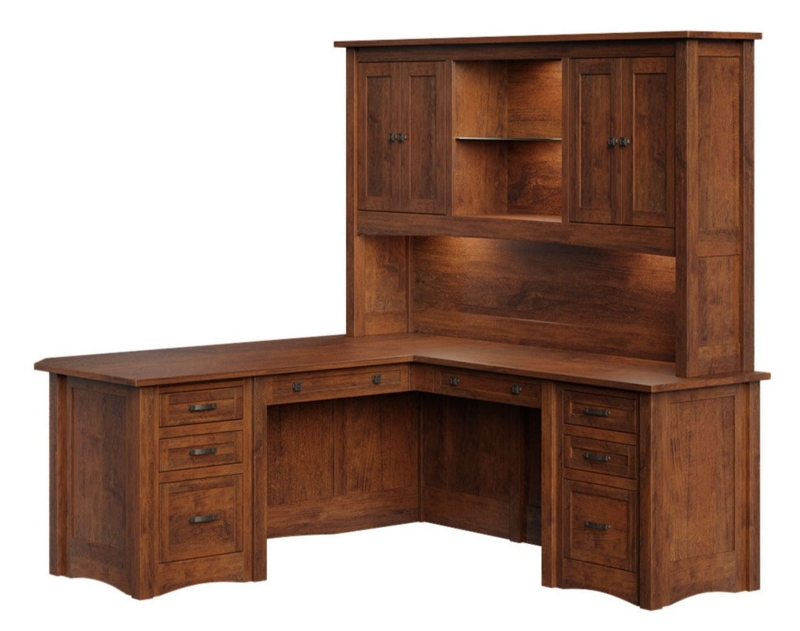 Amish Hardwood L-Desk Hutch, Integrated Lighting, Cherry Finish