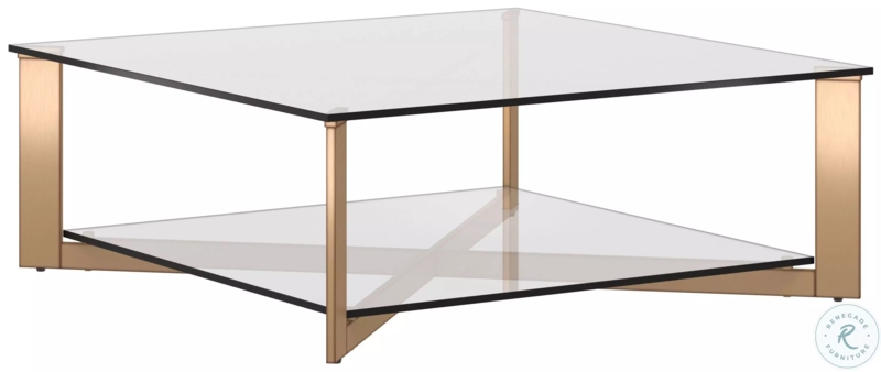 Antique Brass Square Glass Coffee Table with X-Base and Two Tiers