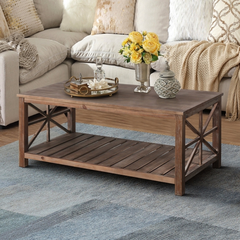 Antique Brown Coffee Table with X-Brace Sides and Slatted Lower Shelf