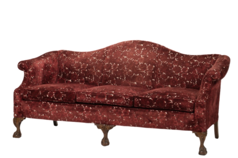 Antique Camelback Sofa with Damask Pattern and Ball and Claw Feet