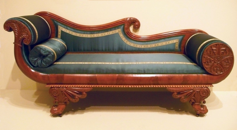 Antique Teal Chaise Longue with Carved Scrolled Frame