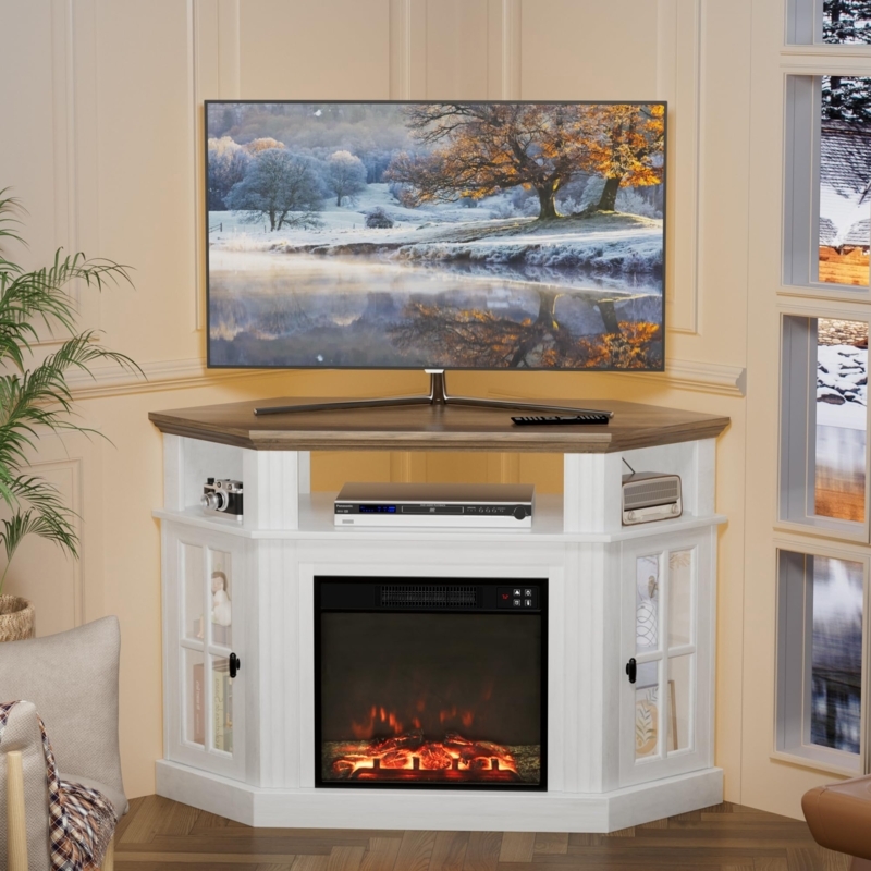 Antique White Corner Fireplace TV Stand with Glass Paned Cabinets