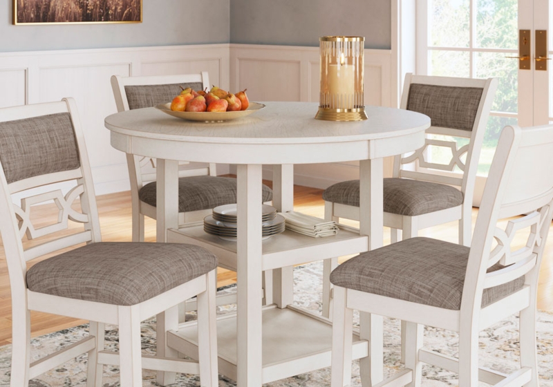 Antique White Dining Set, Fretwork Backs, Round Dining Table with Shelves.