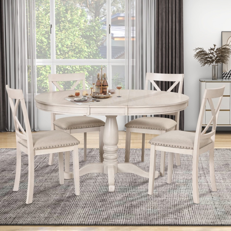 Antique White Dining Set Upholstered X-Back Chairs Nailhead Trim