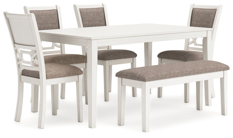 Antique White Dining Set with Lattice Back Chairs and Upholstered Bench