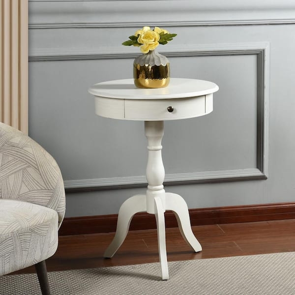 Antique White End Table Turned Pedestal Base Tripod Legs