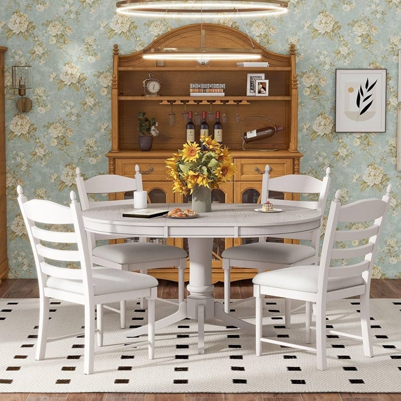 Antique White Farmhouse Dining Set with Ladder-Back Chairs