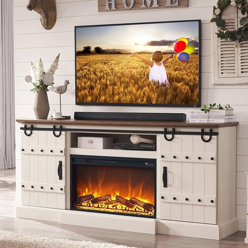 Antique White Fireplace TV Stand Sliding Barn Doors Two-Tone Finish