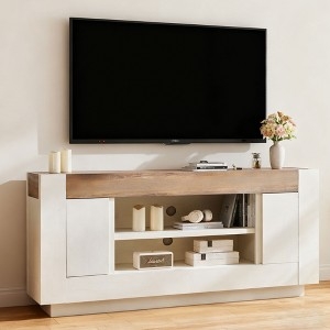 Antique White TV Stand Two-Tone Wood Top Plinth Base Farmhouse