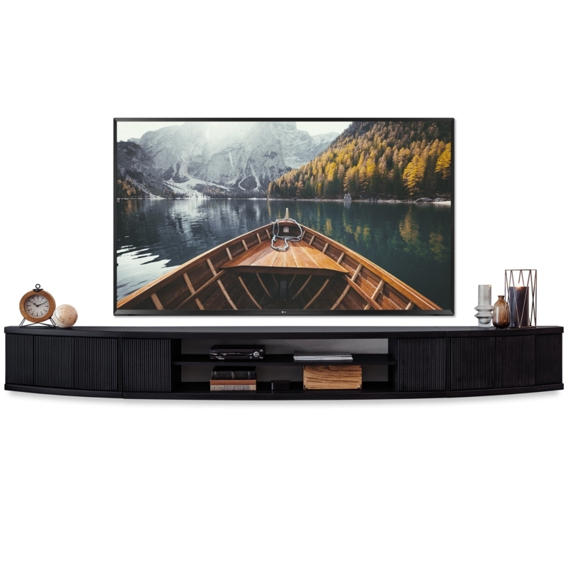 Arc Front Floating TV Stand Black Slatted Media Console