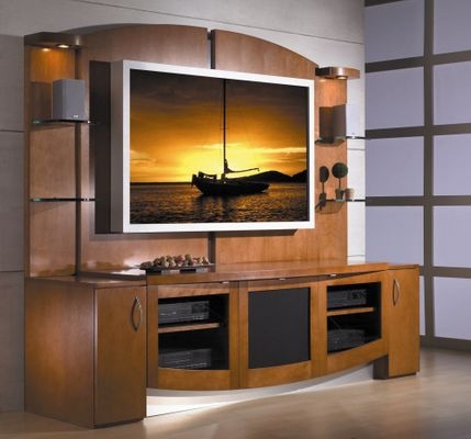 Arched Entertainment Center with Integrated Lighting, Warm Wood Tone