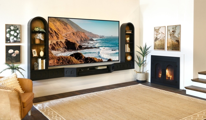 Arched Floating Entertainment Center Black Bookshelf TV Stand