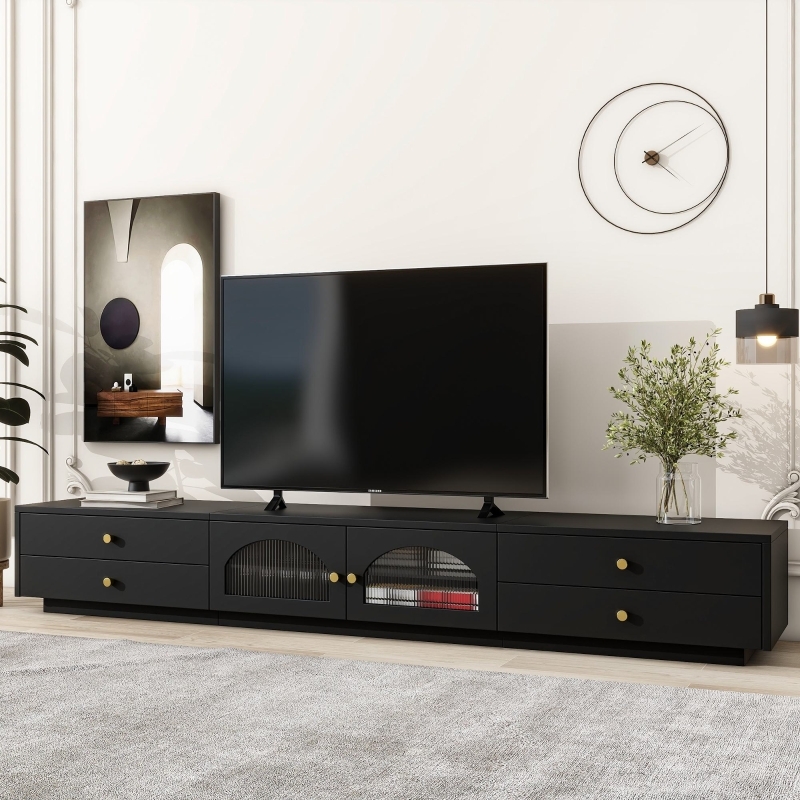 Arched Fluted Glass Media Console with Gold Knobs