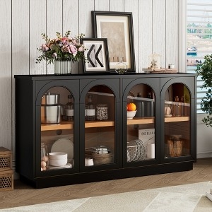 Arched Glass Credenza Black with Wood Toned Interior
