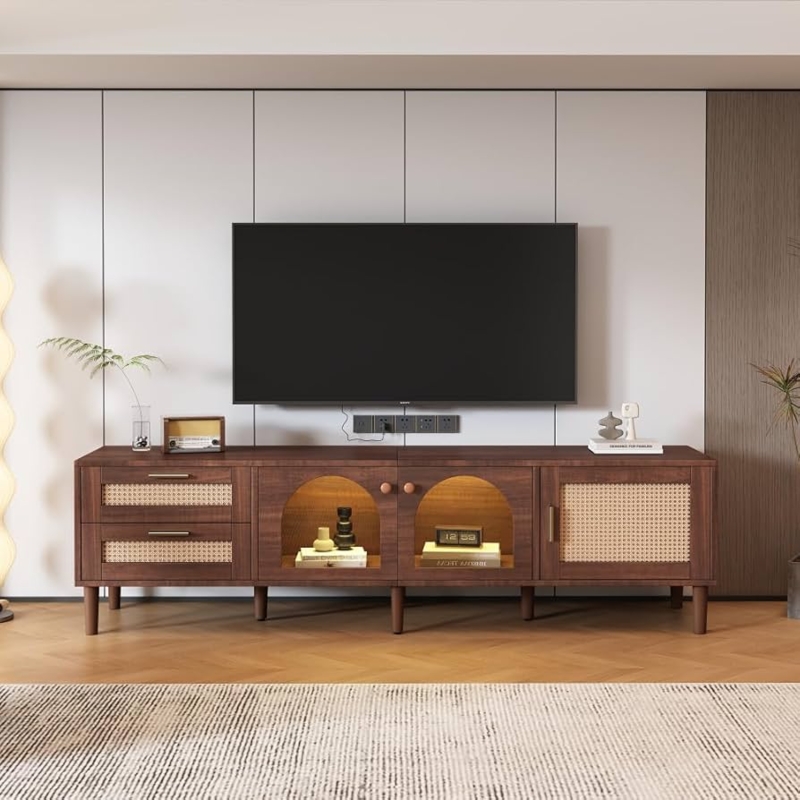 Arched Glass TV Stand with Rattan Drawer Fronts