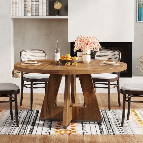 Architectural Base Dining Table Round Oak Finish Cross Legs