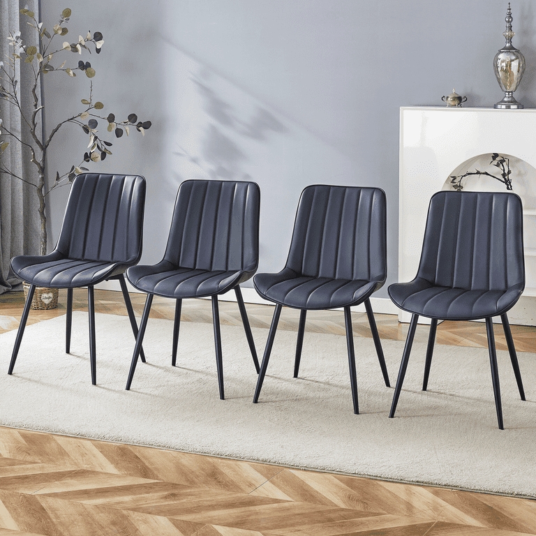 Armless Dining Chairs Charcoal Ribbed Faux Leather Metal Legs